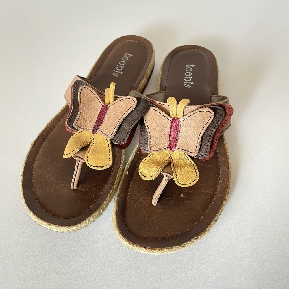 Women's Brown Leather Flip Flop Thongs Sandals with Butterfly accent Size 38